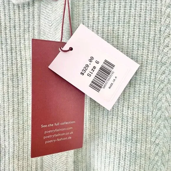 NWT $320 Poetry Collared Cardigan Pure Cashmere Mint Green UK 10 US 6